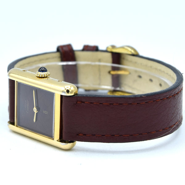 1983/84 Cartier Ladies Tank Mechanical with Unique Burgundy Red / Brown Patina Dial in 925 Sterling Silver Gilt