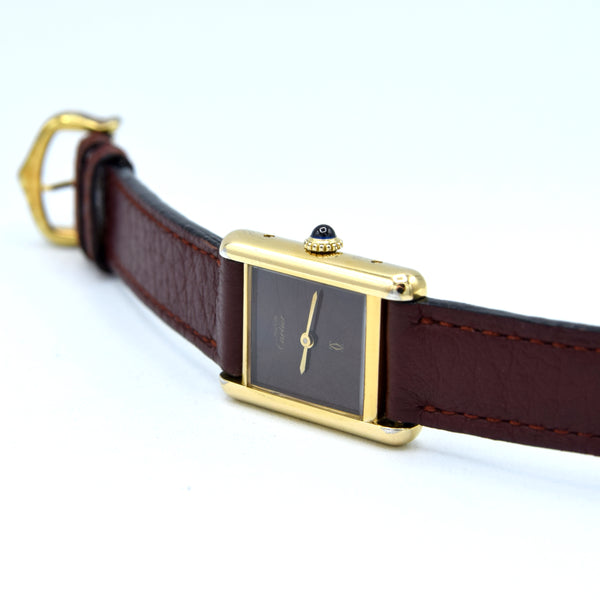 1983/84 Cartier Ladies Tank Mechanical with Unique Burgundy Red / Brown Patina Dial in 925 Sterling Silver Gilt