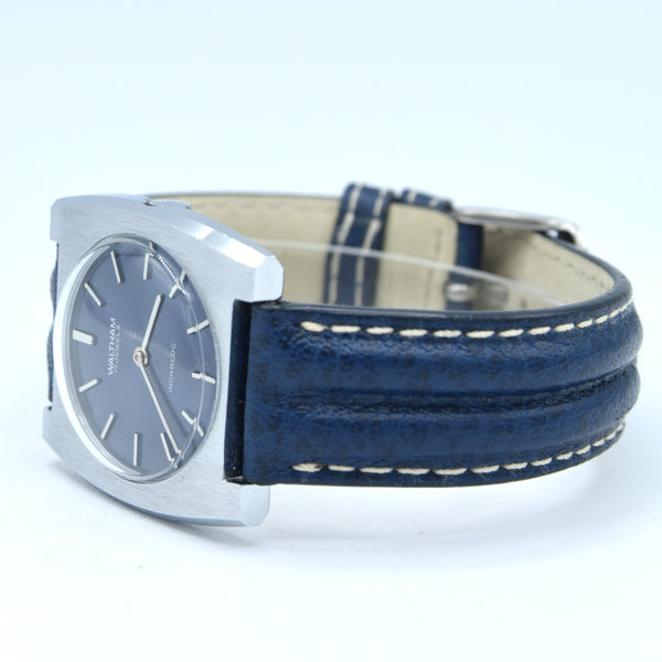 1970s Waltham steel manual-wind retro sleek dress watch with blue dial on blue strap