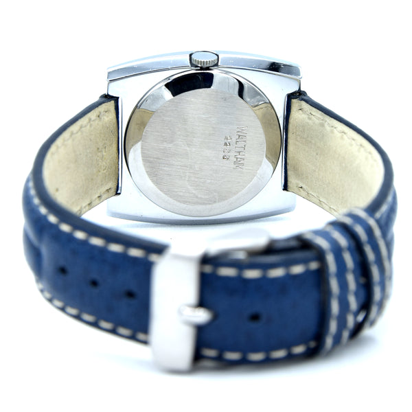1970s Waltham steel manual-wind retro sleek dress watch with blue dial on blue strap