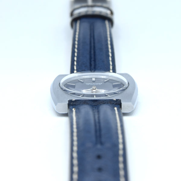 1970s Waltham steel manual-wind retro sleek dress watch with blue dial on blue strap