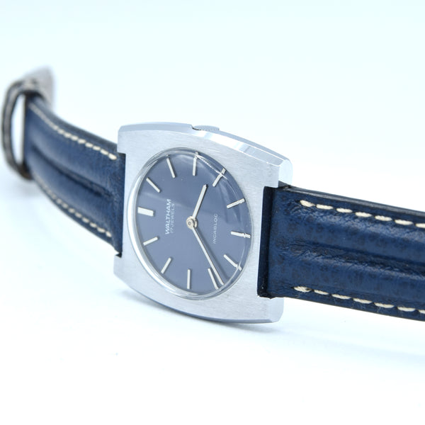 1970s Waltham steel manual-wind retro sleek dress watch with blue dial on blue strap