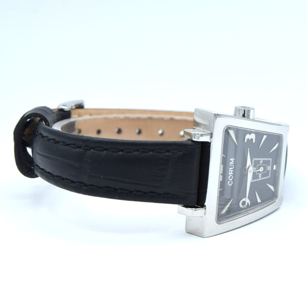 Corum Trapeze ladies ref. 105.404.20 stainless steel quartz watch, black dial with original buckle