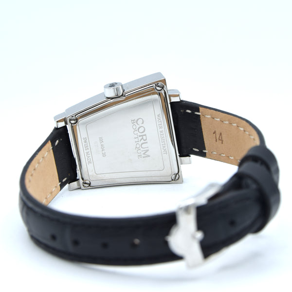 Corum Trapeze ladies ref. 105.404.20 stainless steel quartz watch, black dial with original buckle