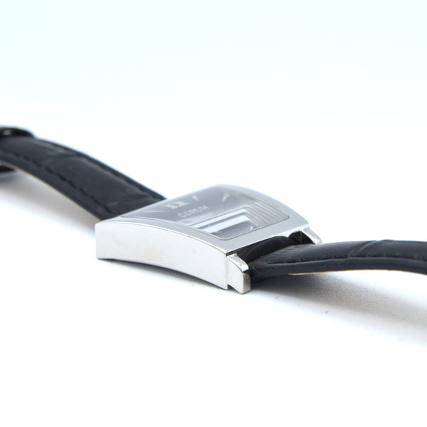 Corum Trapeze ladies ref. 105.404.20 stainless steel quartz watch, black dial with original buckle