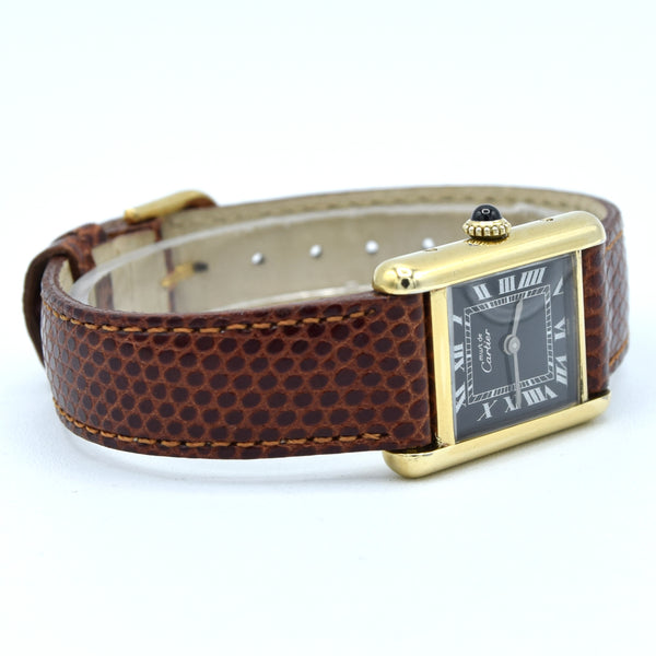 1970s Cartier Tank ladies 925 Sterling Silver Gilt Mechanical Manual Wind with rare black Roman Dial