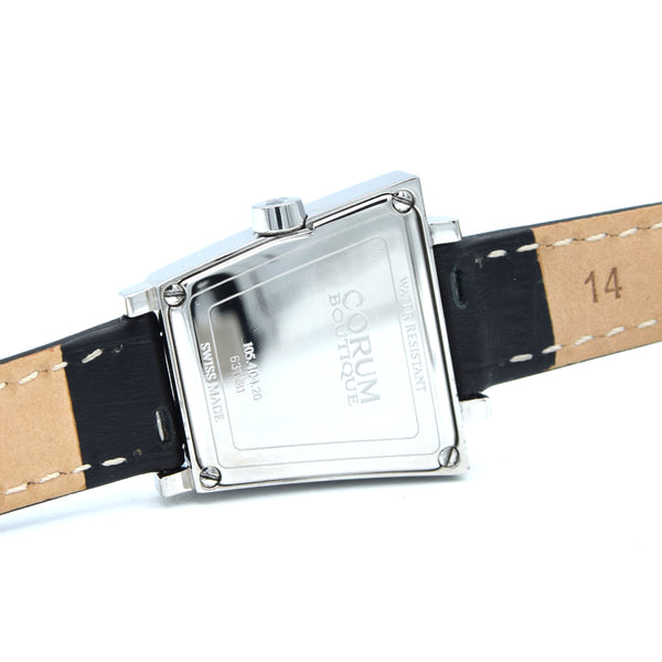 Corum Trapeze ladies ref. 105.404.20 stainless steel quartz watch, black dial with original buckle