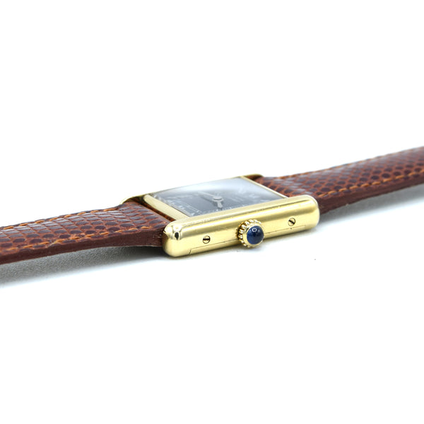 1970s Cartier Tank ladies 925 Sterling Silver Gilt Mechanical Manual Wind with rare black Roman Dial