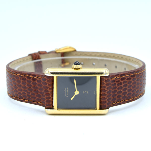 Cartier Ladies classic 1980s Vintage Tank Mechanical Manual Wind watch with Black Onyx- spider web lacquer