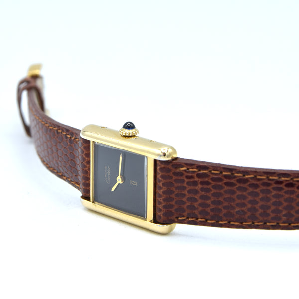 Cartier Ladies classic 1980s Vintage Tank Mechanical Manual Wind watch with Black Onyx- spider web lacquer