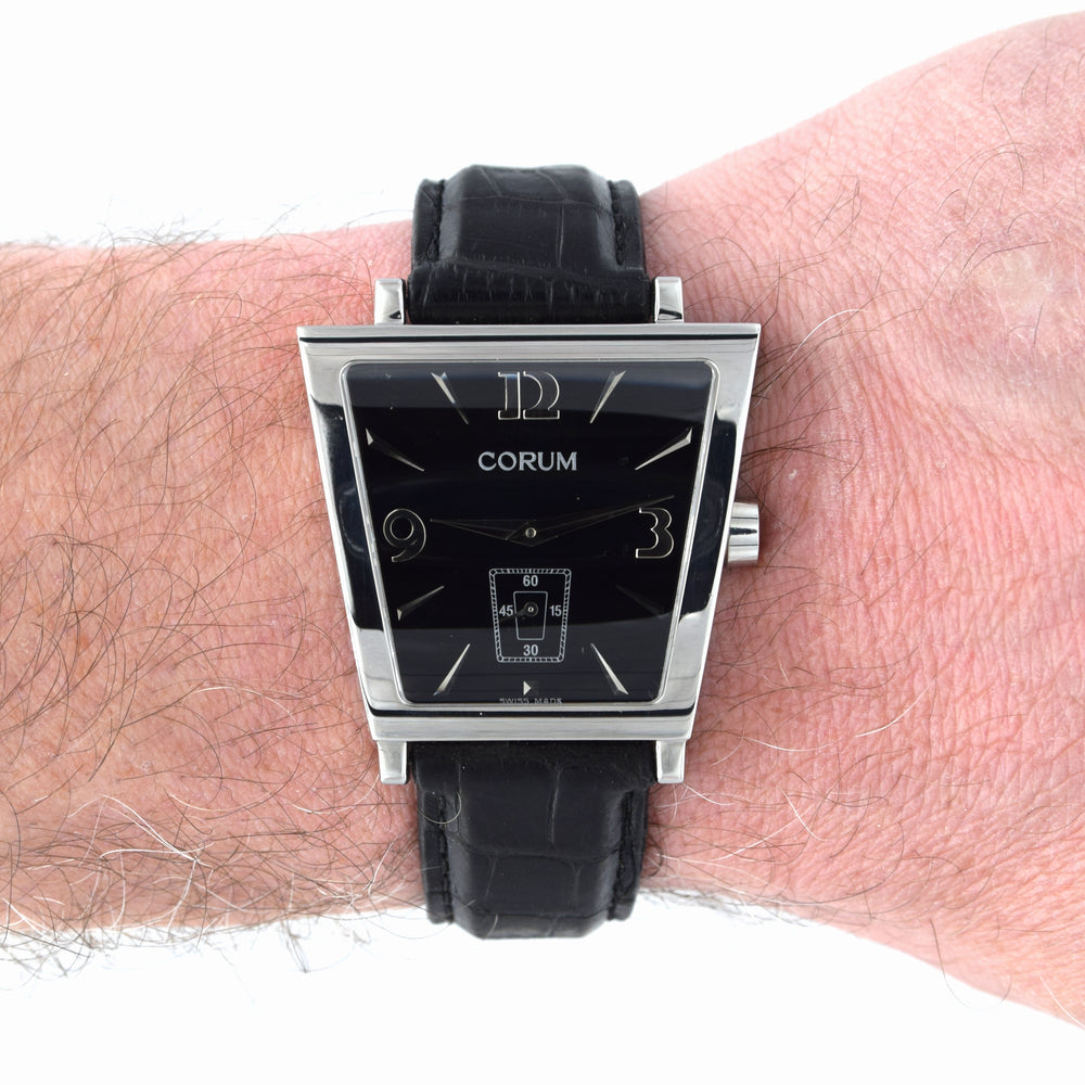 Corum Trapeze Gents ref. 106.404.20 stainless steel quartz watch, black dial, original strap & buckle