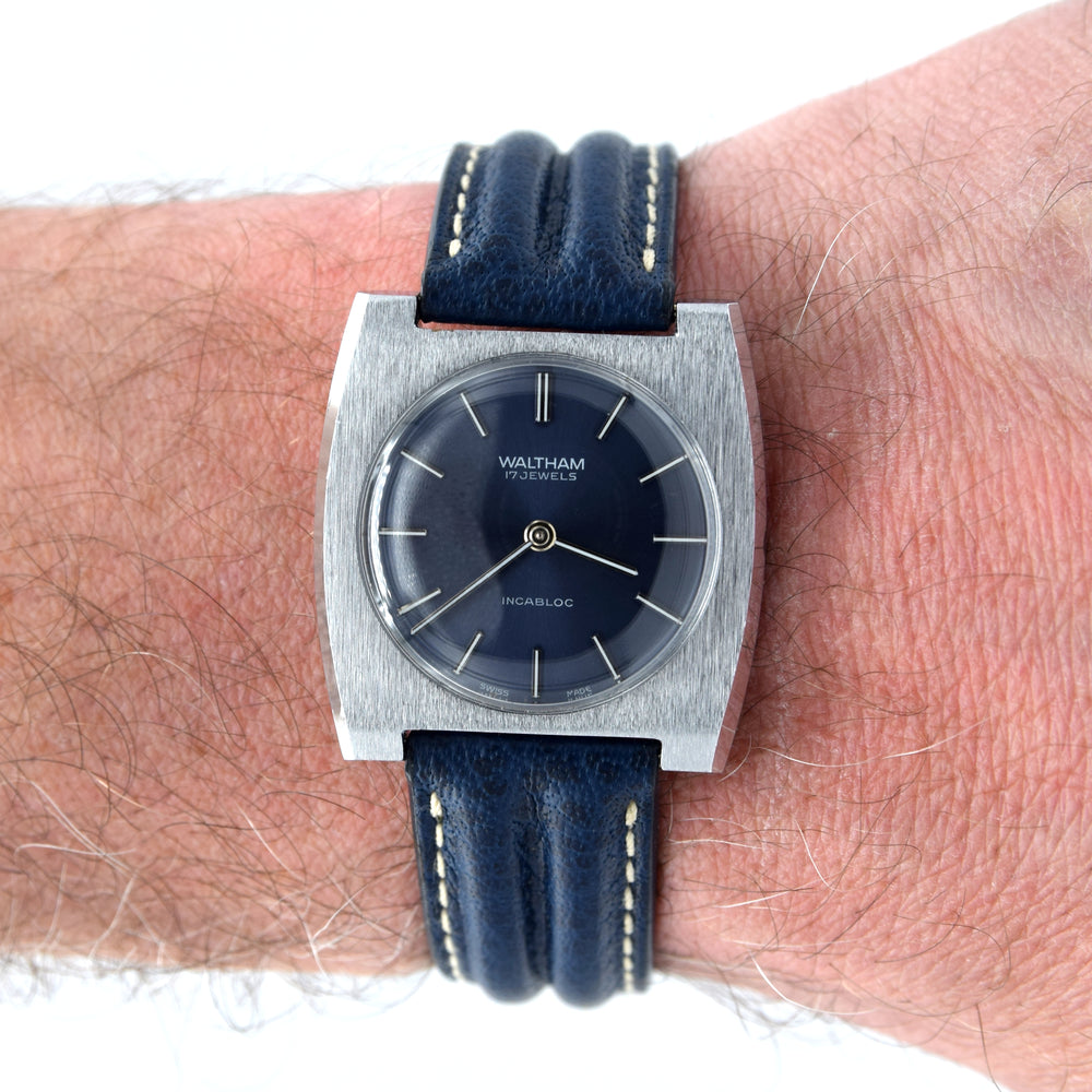 1970s Waltham steel manual-wind retro sleek dress watch with blue dial on blue strap