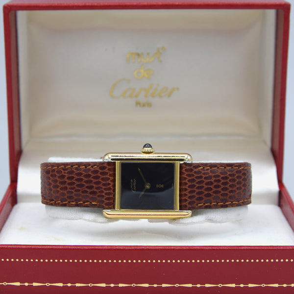 Cartier Ladies classic 1980s Vintage Tank Mechanical Manual Wind watch with Black Onyx- spider web lacquer