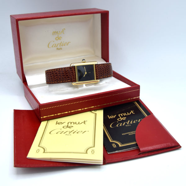 Cartier Ladies classic 1980s Vintage Tank Mechanical Manual Wind watch with Black Onyx- spider web lacquer