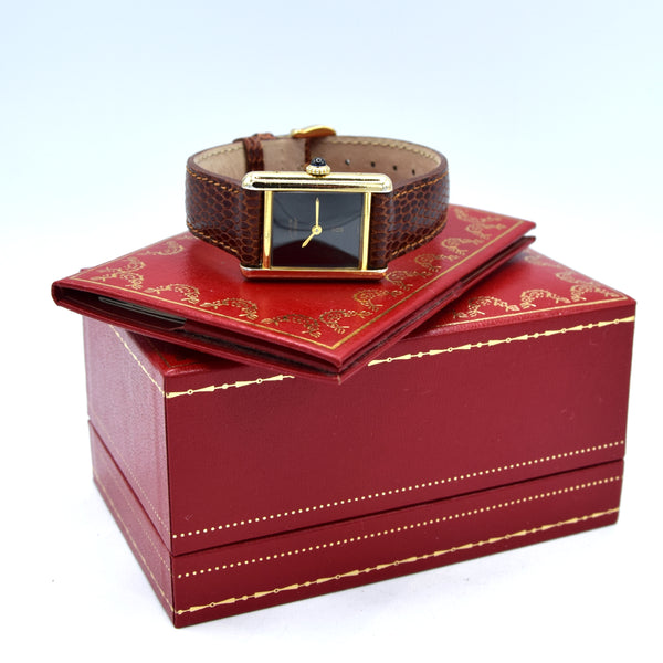 Cartier Ladies classic 1980s Vintage Tank Mechanical Manual Wind watch with Black Onyx- spider web lacquer
