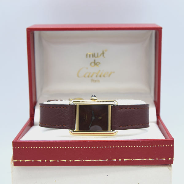 1983/84 Cartier Ladies Tank Mechanical with Unique Burgundy Red / Brown Patina Dial in 925 Sterling Silver Gilt