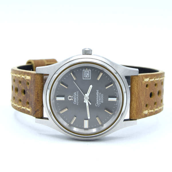 Omega Seamaster 200M watch with a silver stainless steel case, dark gray dial, and a brown leather strap with light tan stitching, shown on a white background.