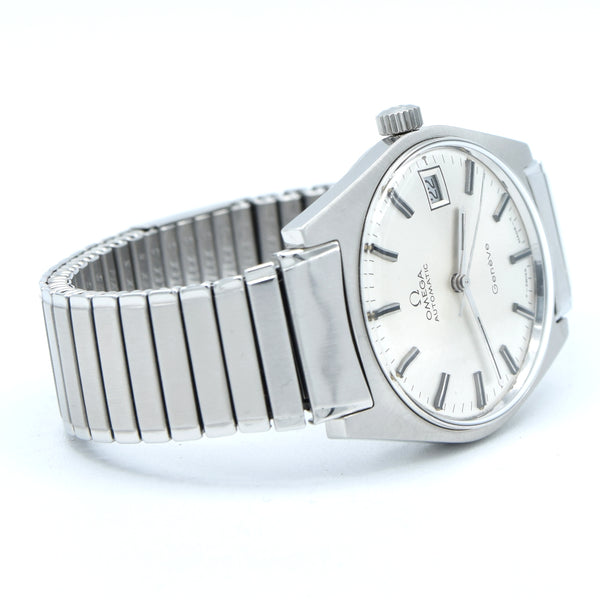 1969 Omega Rare Geneve Automatic Model 166.041 Silver sunburst dial on cool original Fixo - Flex bracelet Cal 565