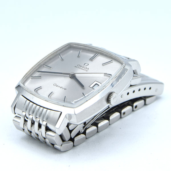 (RESERVED)1973 Omega Genève “TV case” ref. 162.0052 steel automatic on Bracelet – silver sunburst dial – original plexi & crown