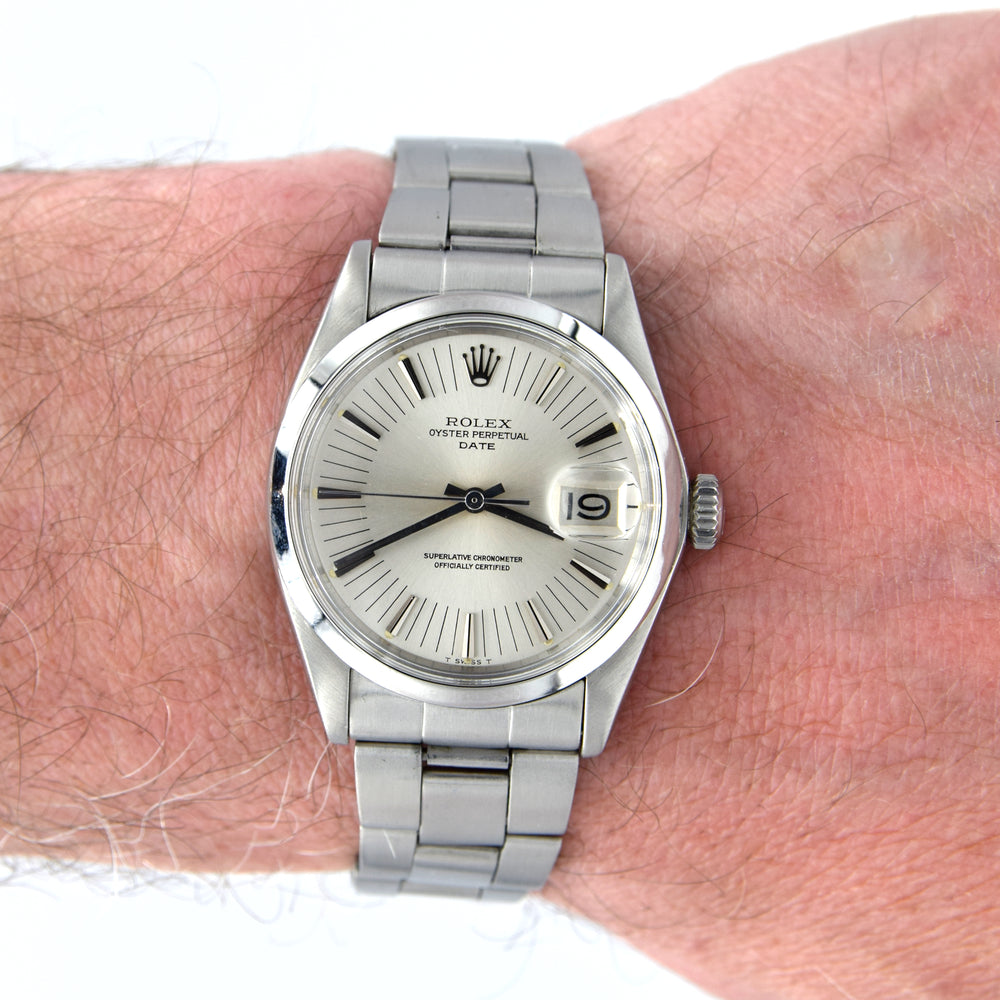 1973 Rolex Oyster Perpetual Date Model 1500 with Rare satin Silver "Radial Dial" in Stainless Steel on Oyster Bracelet