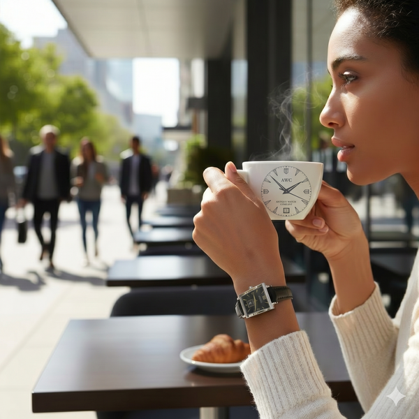 Woman holding a steaming cup of coffee in an outdoor cafe setting