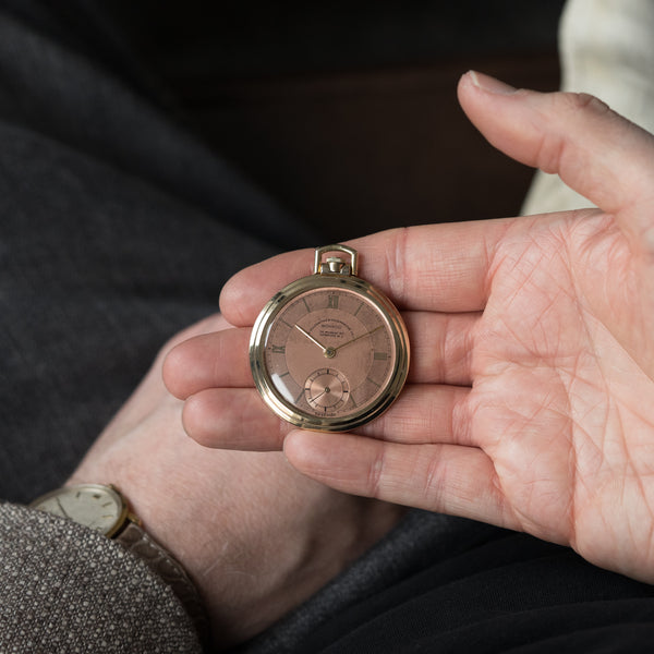 1938 Movado Ultra slim Solid 9ct Gold Art Deco Pocket Watch, Retailed by The Goldsmiths & Silversmiths Co. Ltd