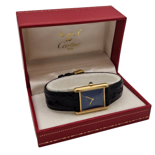 1970s Cartier Tank Mechanical Manual Wind with lapis lazuli type Dial in 925 case with box