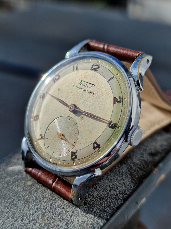1940s Tissot Anti-Magnetic Manual Wind Wristwatch Model 6426 with Original Two Tone Radial Arabic Numeral Dial in Chrome Front & Steel Back