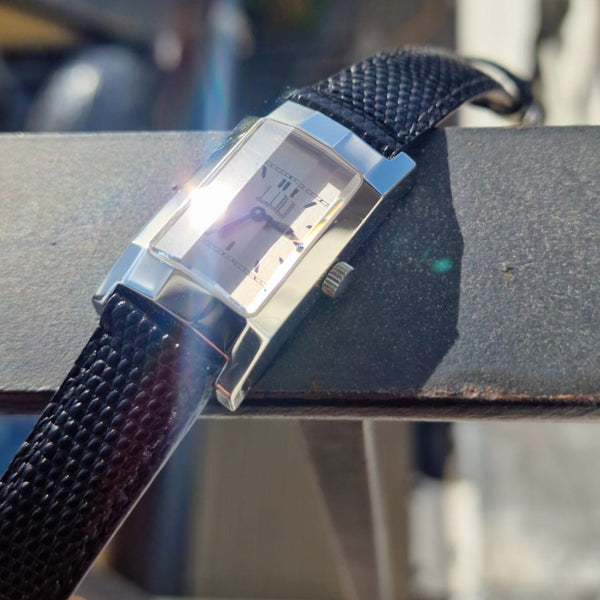 1990s Alfred Dunhill 'Facet' swiss Mechanical Wristwatch with silvered Dial on leather + Buckle & Box