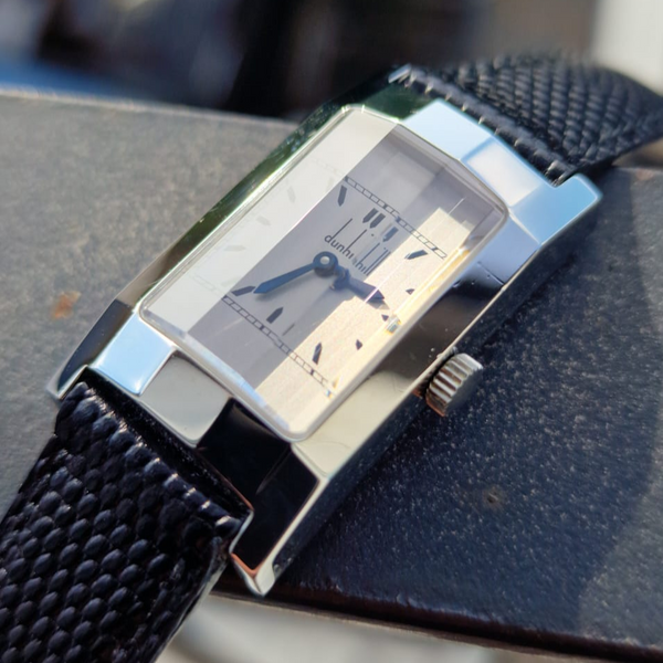 1990s Alfred Dunhill 'Facet' swiss Mechanical Wristwatch with silvered Dial on leather + Buckle & Box