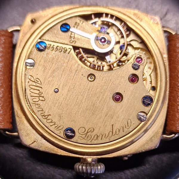 1925 JW Benson Rare All English made Watch with Enamel Dial and Arabic Numerals in 9ct Gold