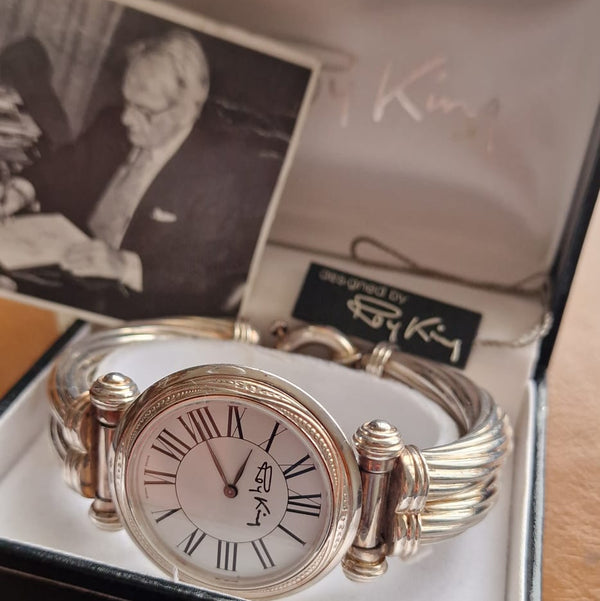 1992 - 1993 Rare Designer RoyKing large bangle watch 925 Sterling silver London hallmark + Box papers & Tag
