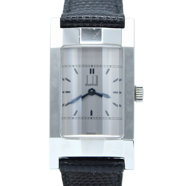 1990s Alfred Dunhill 'Facet' swiss Mechanical Wristwatch with silvered Dial on leather + Buckle & Box