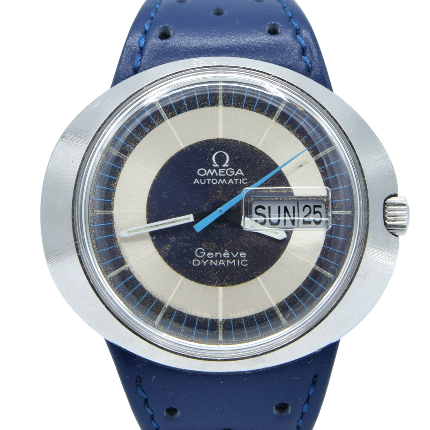 1973 Omega Geneve Dynamic Automatic Day Date with Two Tone Silver and Blue Bullseye Dial Model 166.079