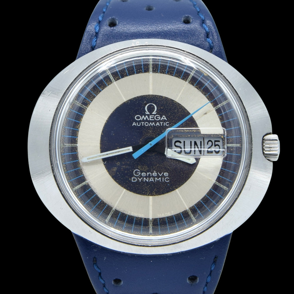 1973 Omega Geneve Dynamic Automatic Day Date with Two Tone Silver and Blue Bullseye Dial Model 166.079