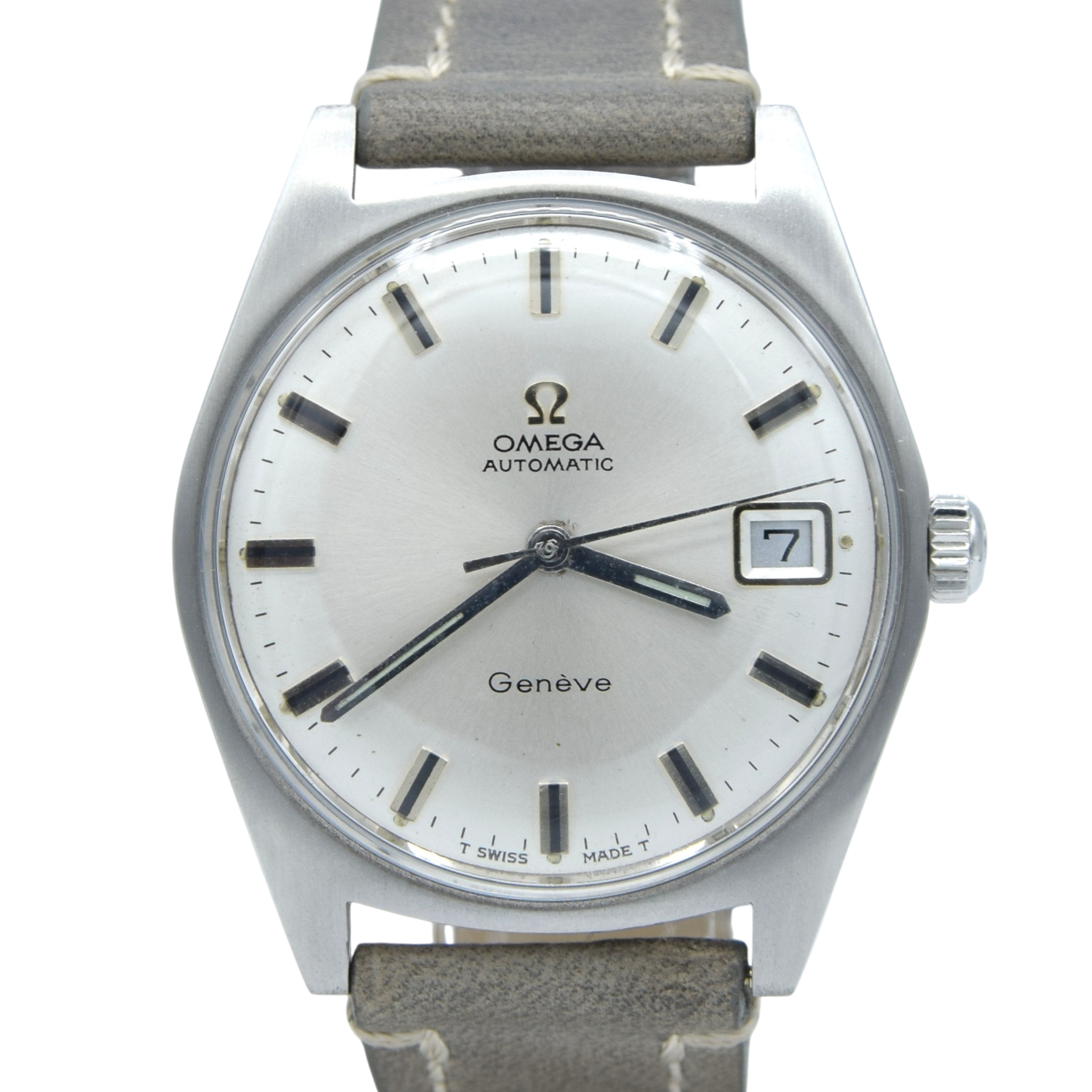 1969 sharp Omega Geneve Automatic Date Model 166.041 in Stainless Steel with Cal 565