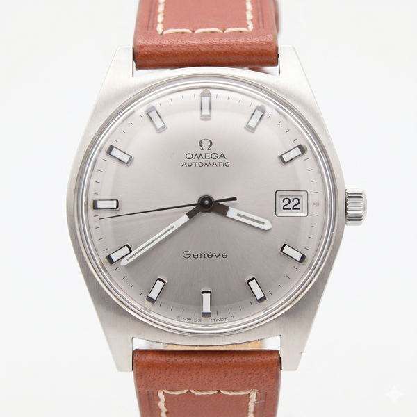 1969 sharp Omega Geneve Automatic Date Model 166.041 Rare sports dial Variant in Stainless Steel with Cal 565