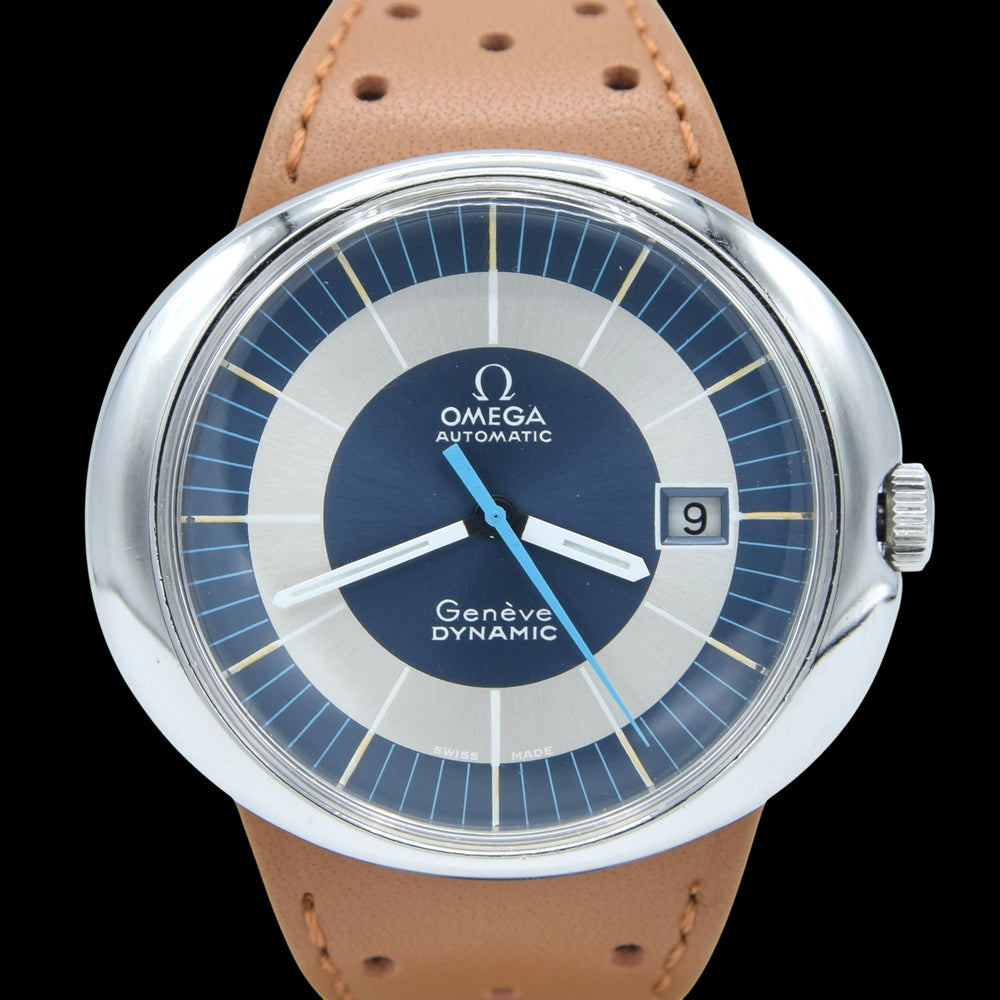 1973 Omega Geneve Dynamic Automatic Date with Two Tone Silver and Blue Bullseye Dial Model 166.107