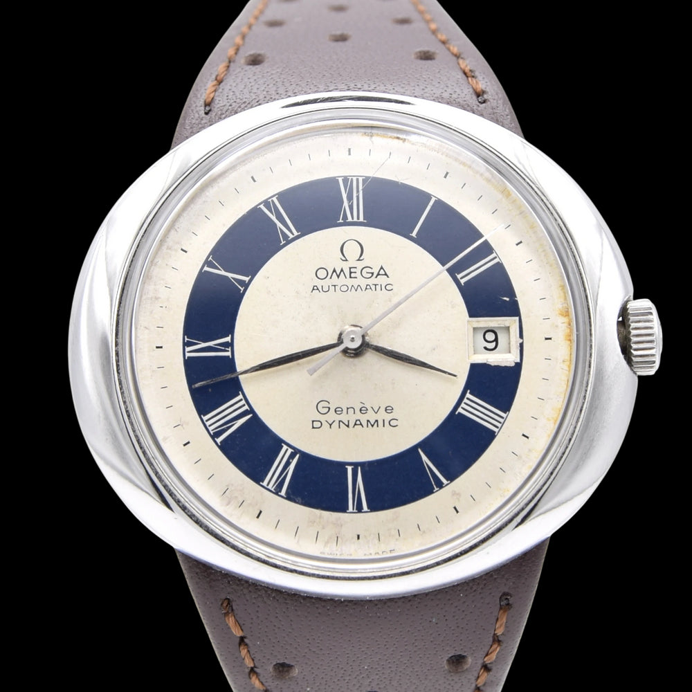1973 Omega Geneve Dynamic Automatic Date with Two Tone white and Blue Tuxedo Roman Dial Model 166.107