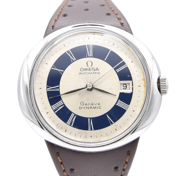1973 Omega Geneve Dynamic Automatic Date with Two Tone white and Blue Tuxedo Roman Dial Model 166.107