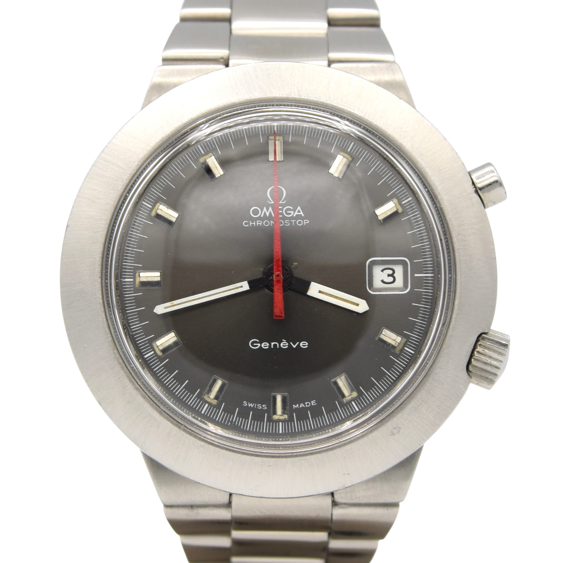1969 Omega Rare Jumbo "Chronostop Fontana Pentatlon" Geneve with Grey Dial Model 146.012 on Bracelet