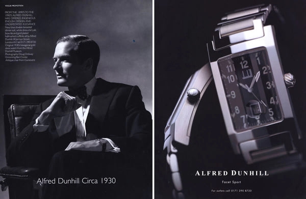 1990s Alfred Dunhill 'Facet' swiss Mechanical Wristwatch with silvered Dial on leather + Buckle & Box