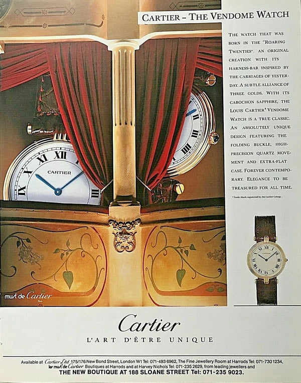 Vintage Cartier advertisement for the Vendome Watch, featuring an ornate clock face, red curtains, gold-toned decorative panels, and a wristwatch shown in the lower right corner on a light background.