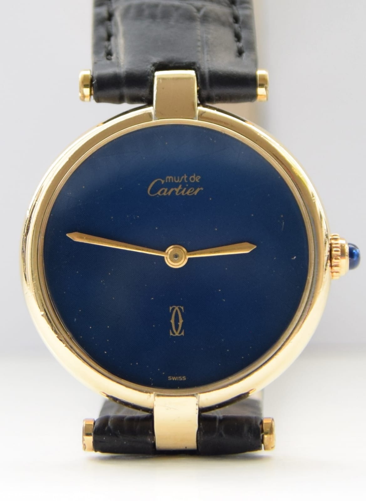 Cartier Ronde Vermeil with Lapis-Type Dial and Vendôme Lugs in Sterling Silver 925 Gilt Circa 1990s