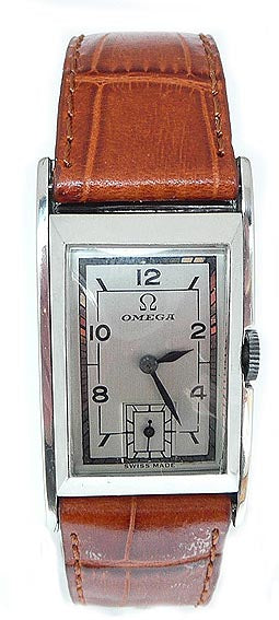 (Reserved) Rare Omega Marine Deco Rectangular Tonneau Pupitre Wristwatch in Staybrite Case Circa 1934