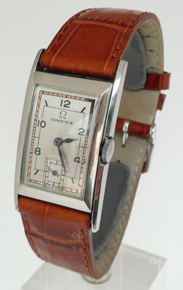 (Reserved) Rare Omega Marine Deco Rectangular Tonneau Pupitre Wristwatch in Staybrite Case Circa 1934