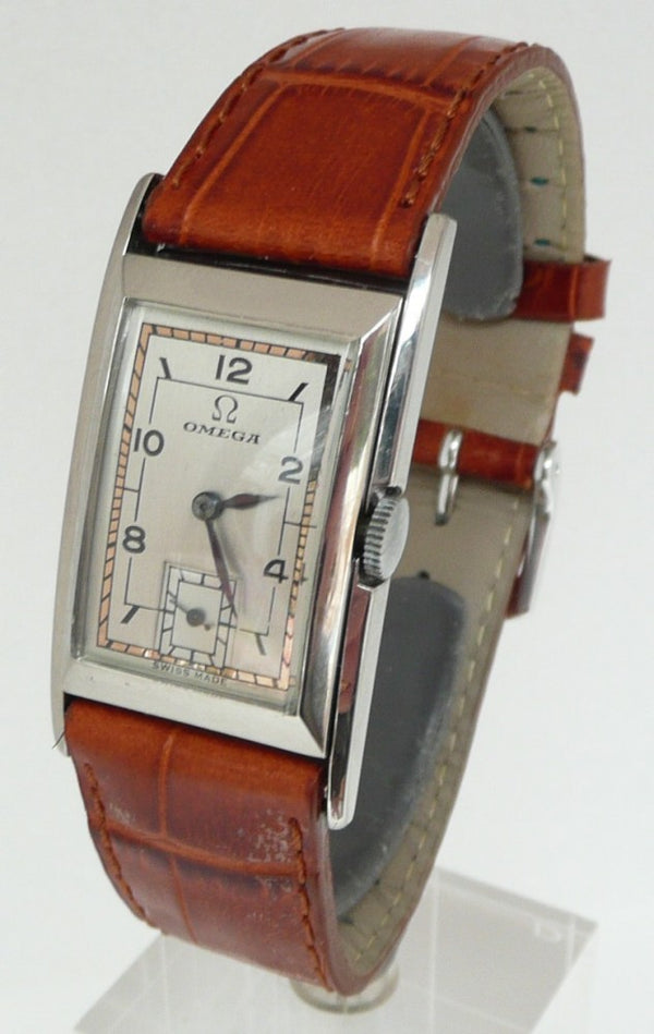 (Reserved) Rare Omega Marine Deco Rectangular Tonneau Pupitre Wristwatch in Staybrite Case Circa 1934