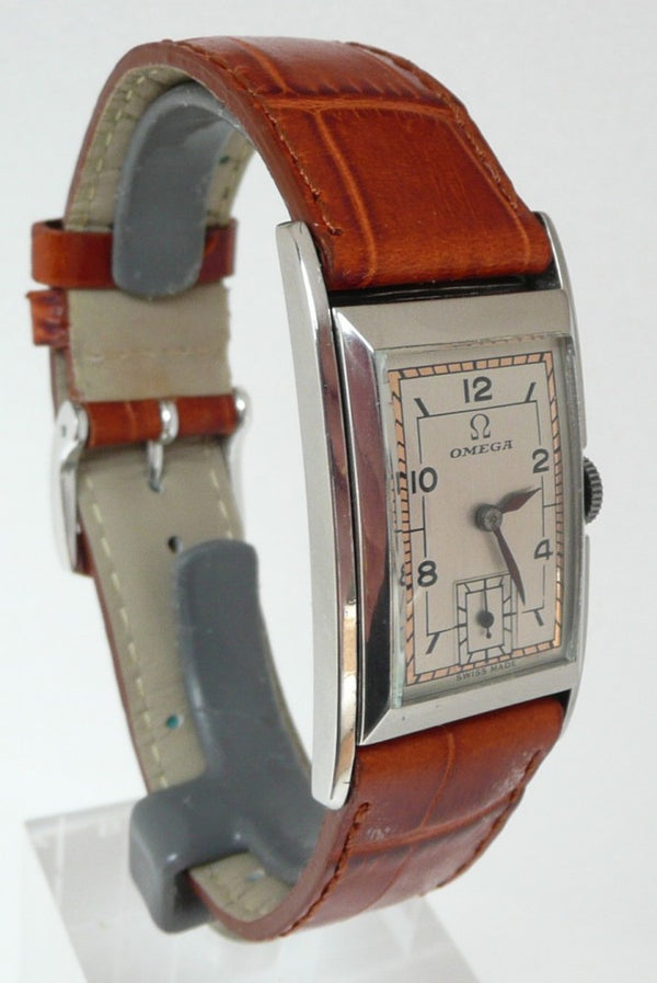 (Reserved) Rare Omega Marine Deco Rectangular Tonneau Pupitre Wristwatch in Staybrite Case Circa 1934