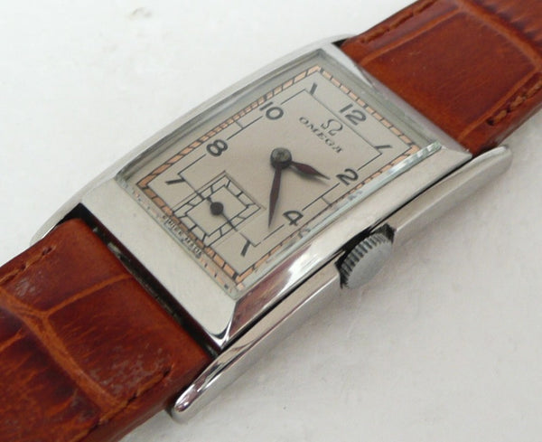 (Reserved) Rare Omega Marine Deco Rectangular Tonneau Pupitre Wristwatch in Staybrite Case Circa 1934