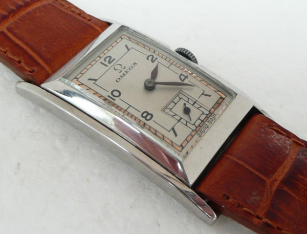 (Reserved) Rare Omega Marine Deco Rectangular Tonneau Pupitre Wristwatch in Staybrite Case Circa 1934
